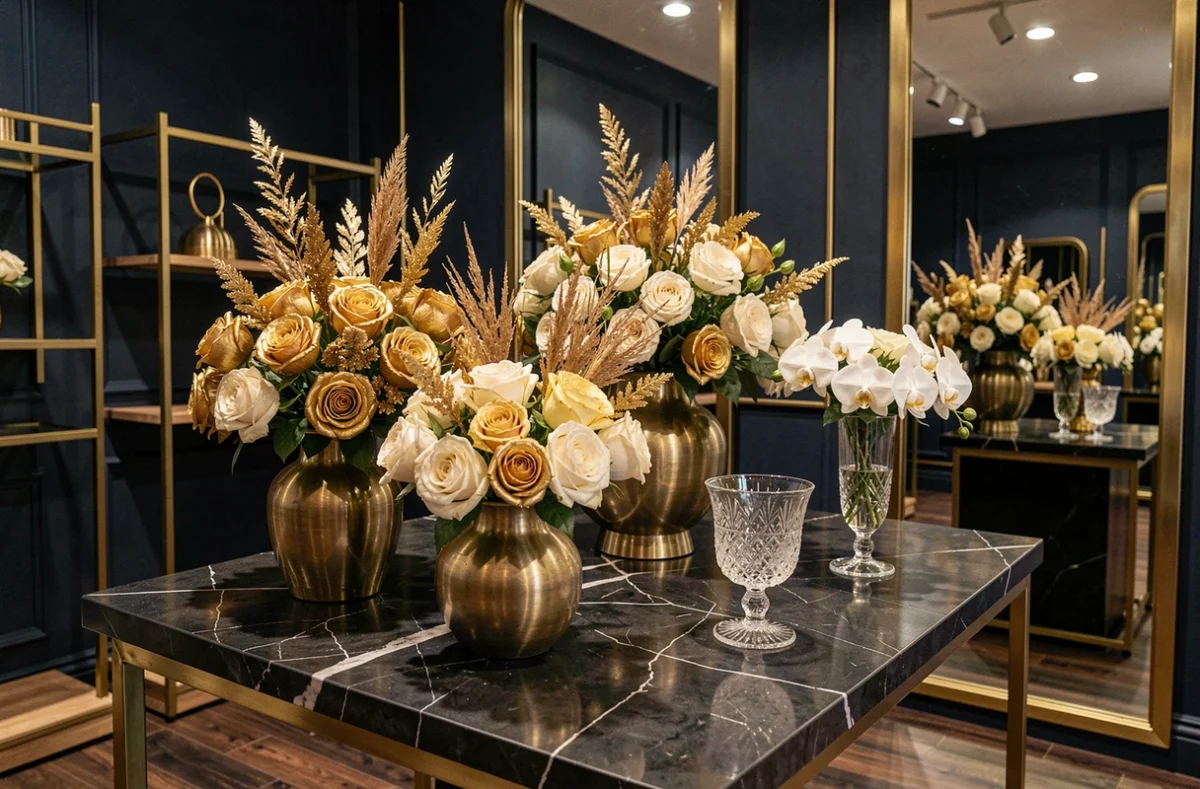 Fl'Or, boutique florale haut de gamme avec des compositions dorées d'orchidées et roses dans des vases en laiton poli sur un comptoir en marbre sombre