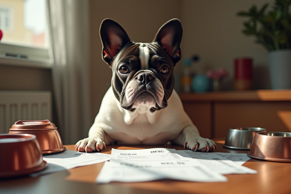 Bulldog entouré de factures et accessoires sur une table en bois