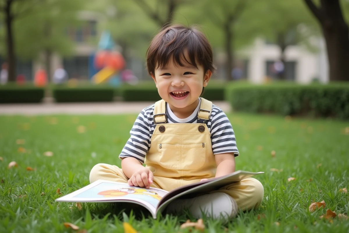 Gar&ccedil;on souriant lisant Tchoupie dans un parc verdoyant