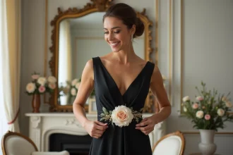 Robe noire élégante personnalisée pour un mariage avec accessoires colorés