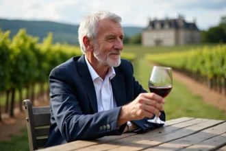 Verre de vin rouge avec une bouteille de Bordeaux en arrière-plan