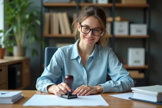Tampon encreur sur un bureau avec documents et accessoires