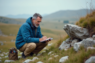 Géologue homme examine une roche en plein air dans la nature