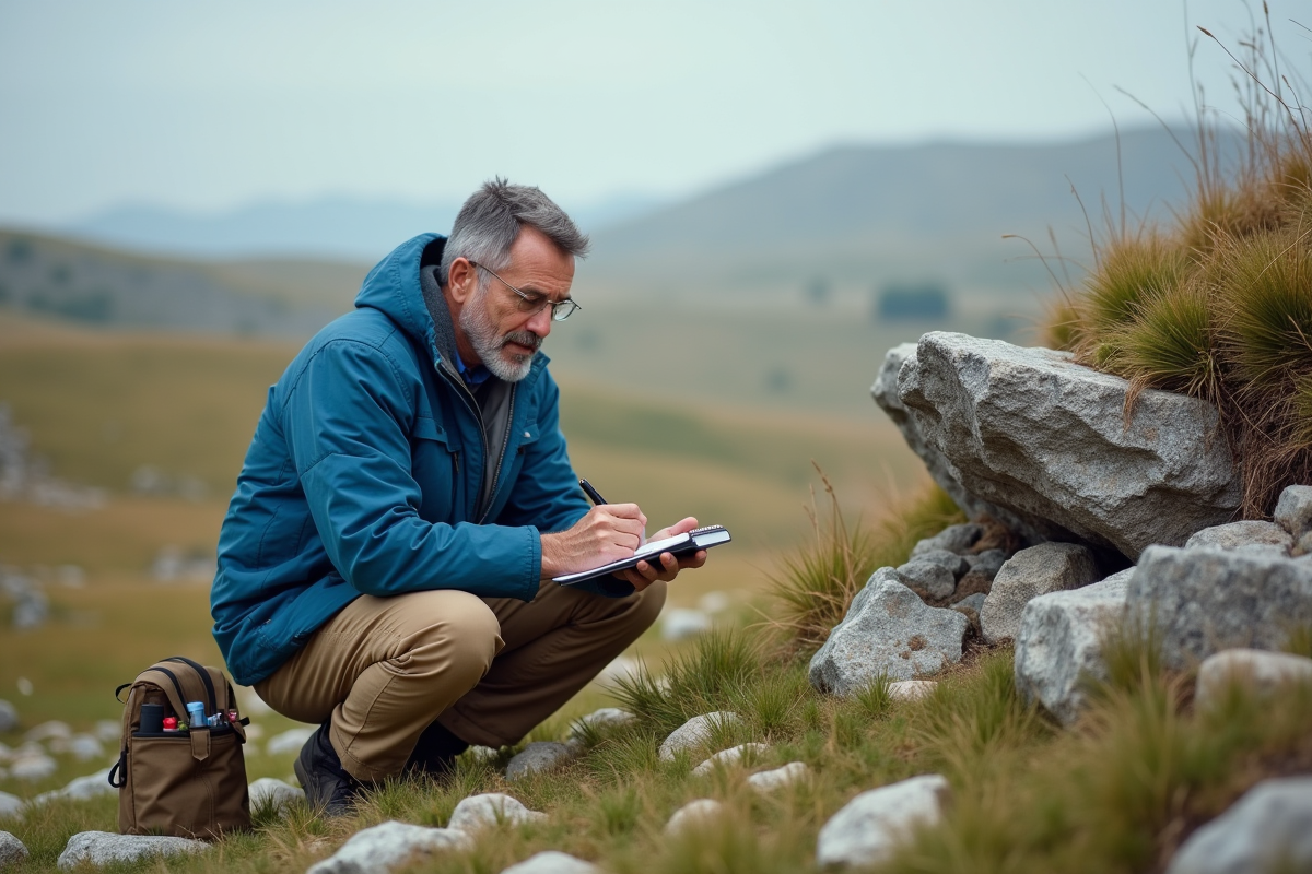 Géologue homme examine une roche en plein air dans la nature
