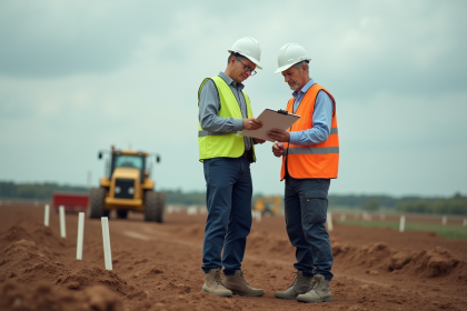 Surveillant en gilet réfléchissant étudie plans de construction en extérieur
