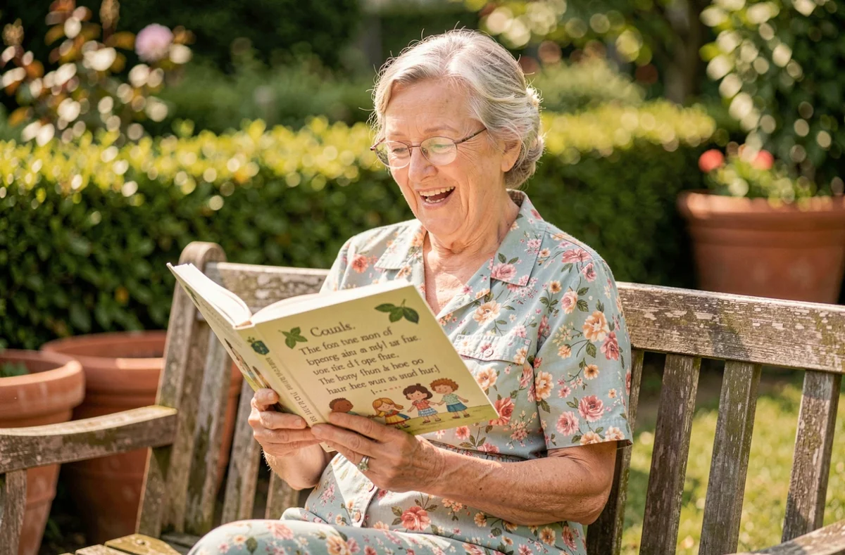 Grand-mère lisant une comptine avec des rimes en i dans un jardin ensoleillé