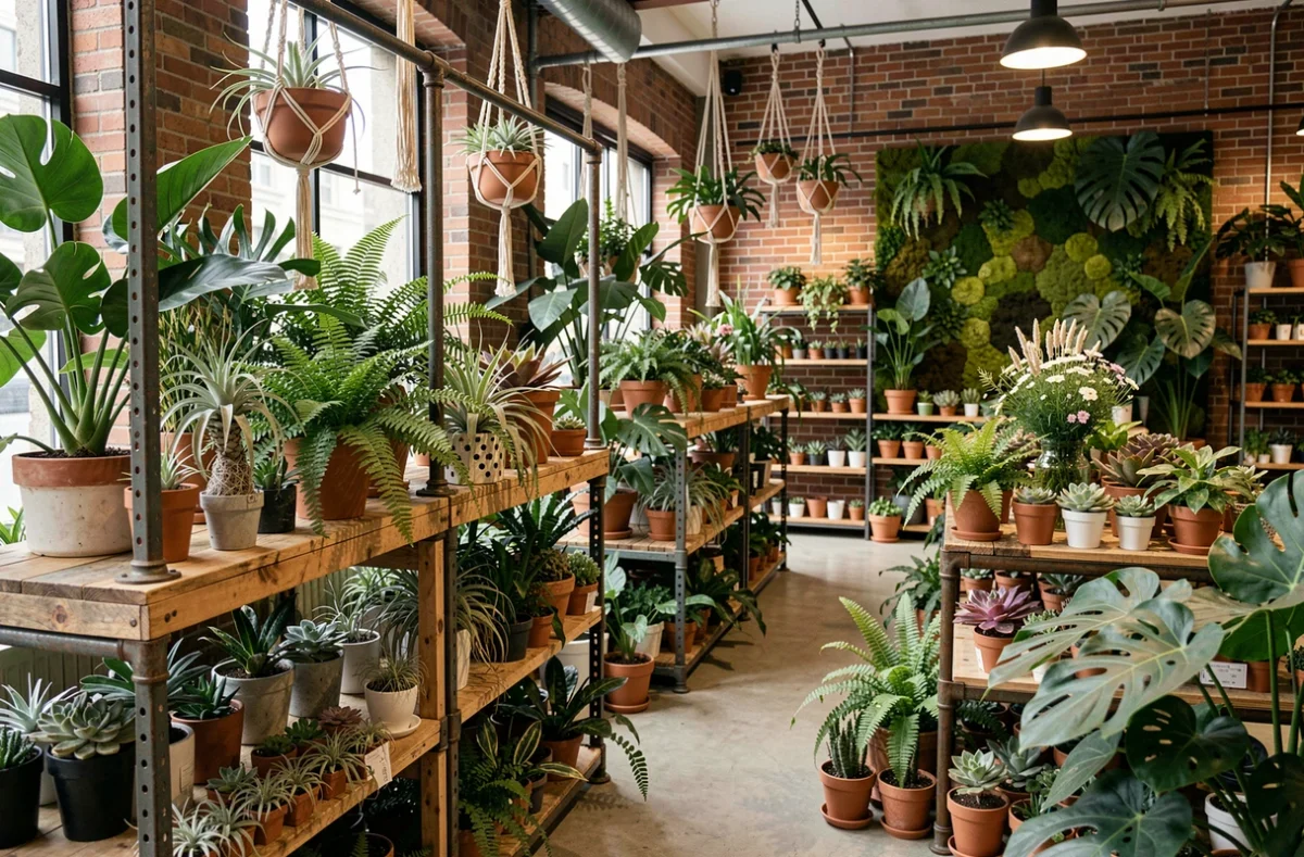 Boutique Green remplie de plantes tropicales, fougères et succulentes sur des étagères en bois recyclé dans un espace au style urban jungle
