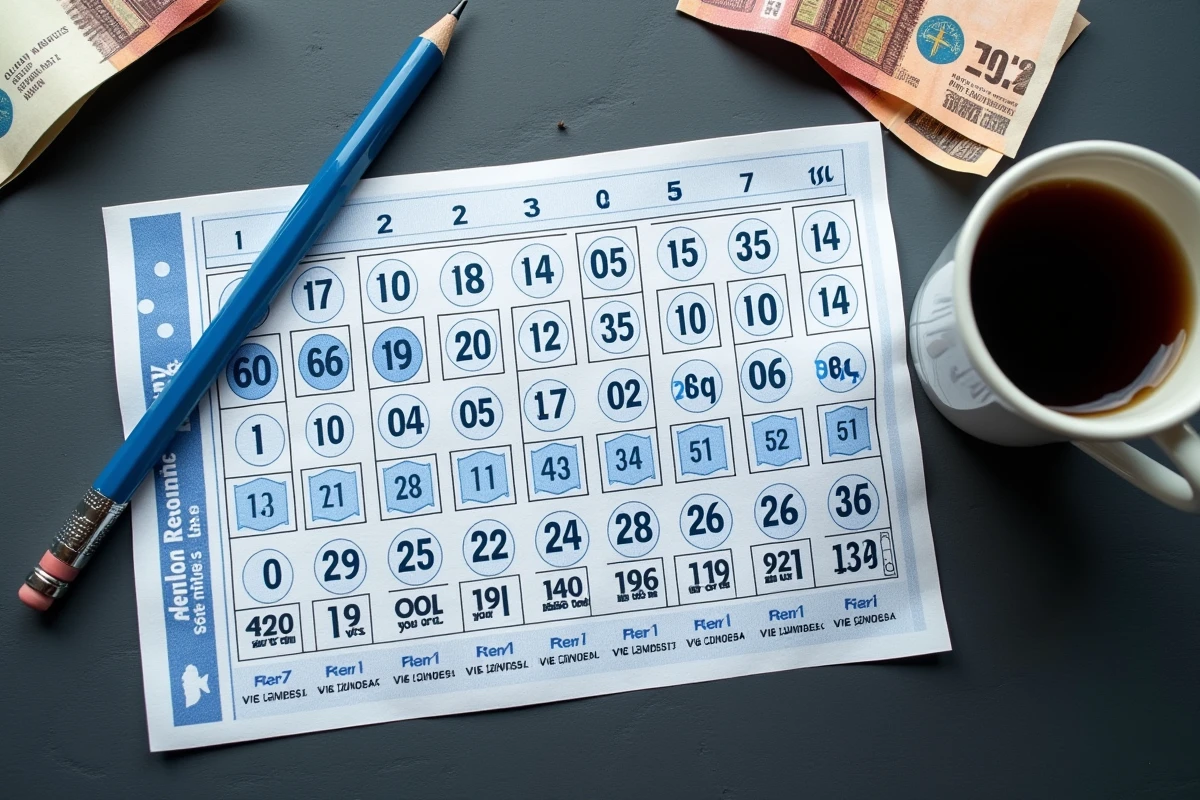 Vue aérienne d'une grille LOTO officielle FDJ avec numéros cochés, crayon et billet en euros sur ardoise sombre