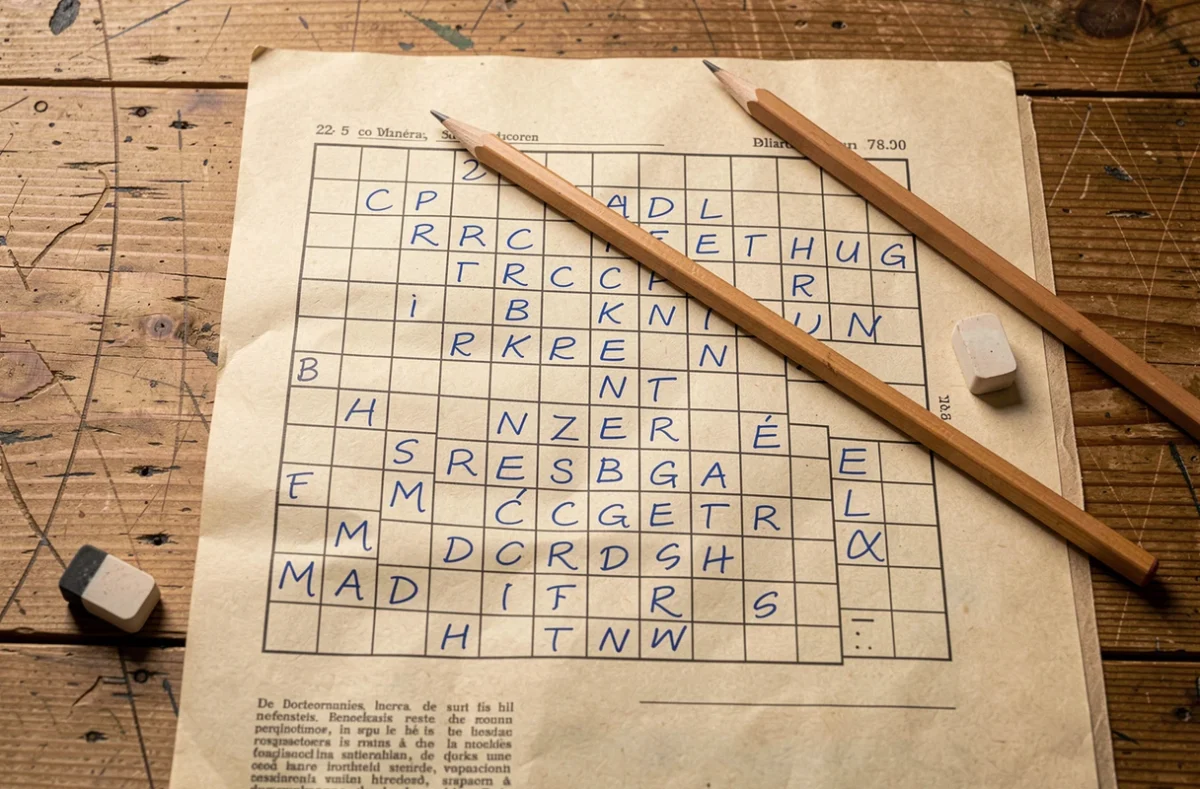 Grille de mots fléchés vue de dessus avec lettres déjà remplies sur papier journal