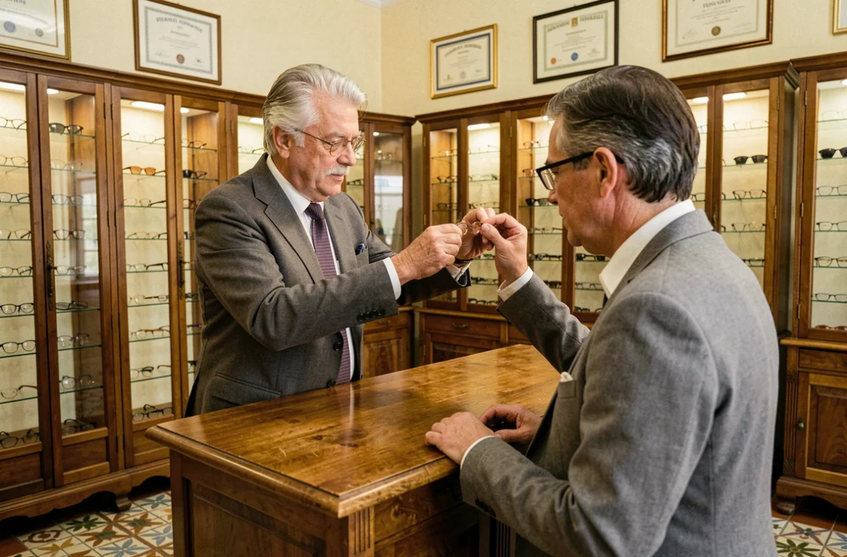 Opticien indépendant de Nice ajustant des lunettes artisanales pour un client dans une boutique au style traditionnel