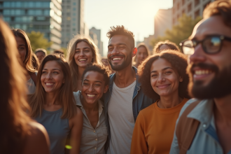 Groupe divers d'êtres humains fiers en plein air pour l article
