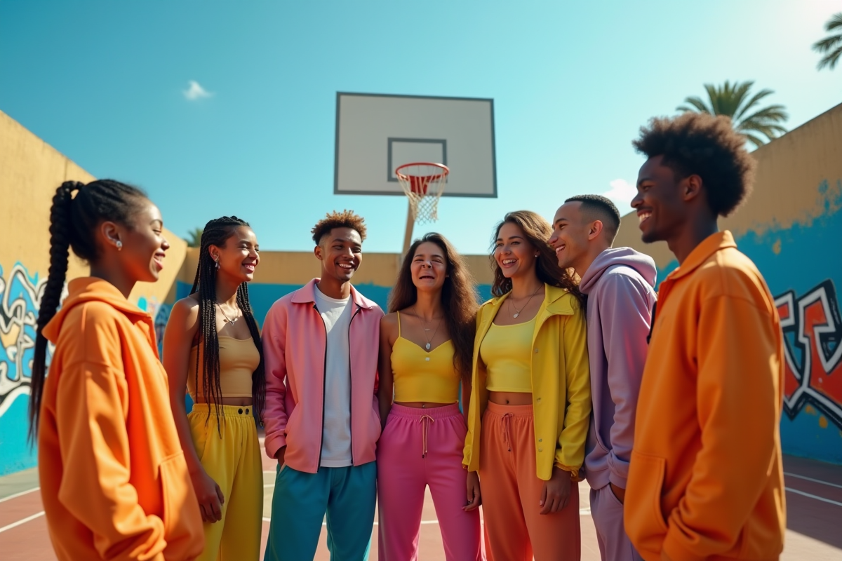Groupe de jeunes en streetwear coloré sur un terrain de basket urbain