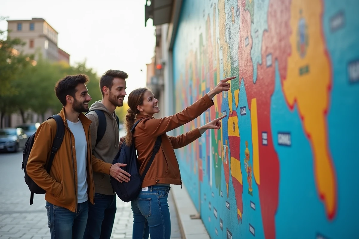 Groupe de jeunes devant un mural des pays hispanophones