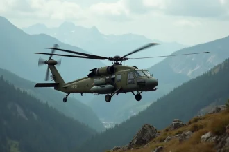 Hélicoptère militaire en vol au-dessus d'un terrain montagneux boisé lors d'une mission de reconnaissance