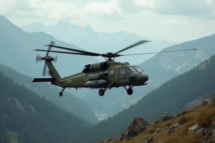 Hélicoptère militaire en vol au-dessus d'un terrain montagneux boisé lors d'une mission de reconnaissance