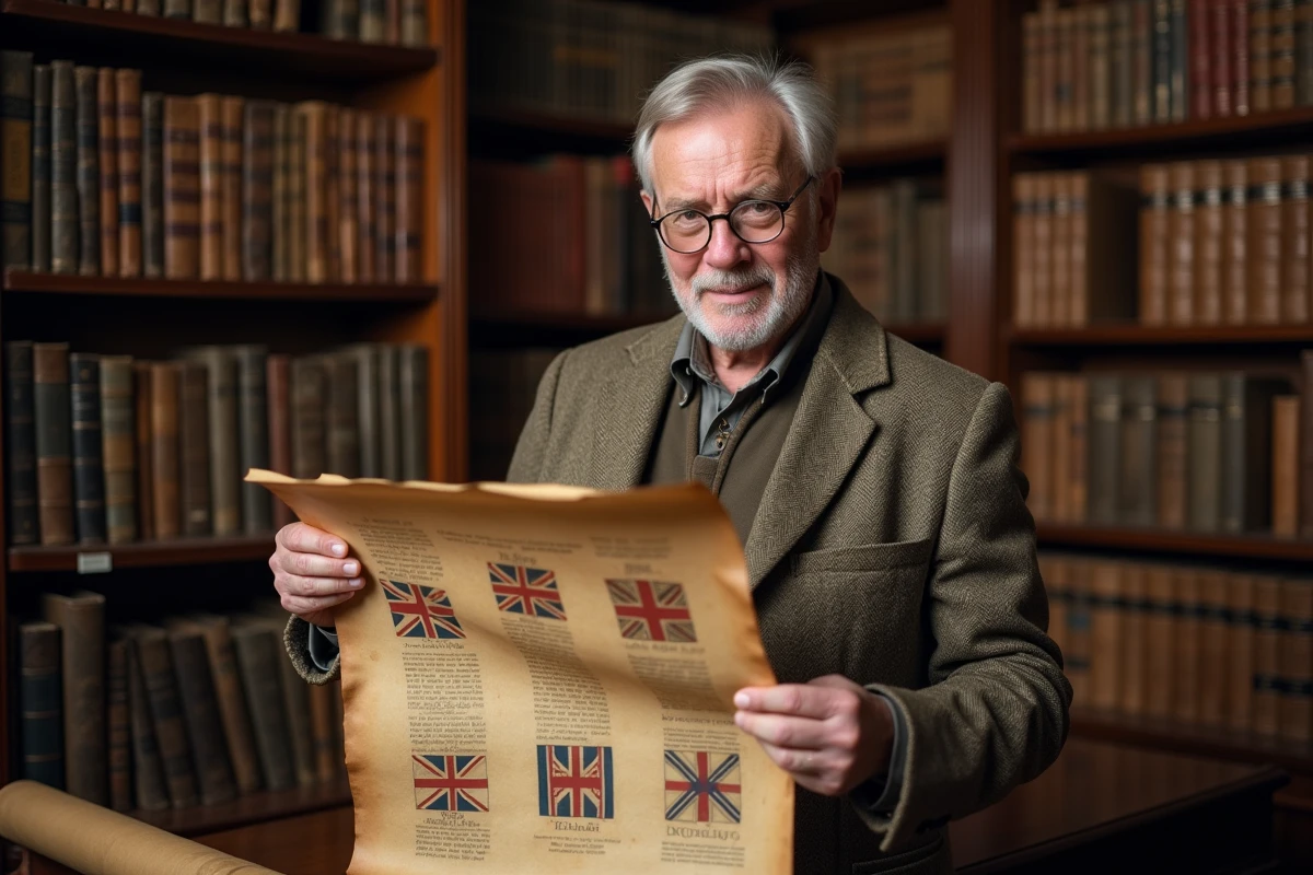 Historien britannique étudiant des documents anciens sur l'héraldique et l'origine des drapeaux anglais dans une bibliothèque en bois
