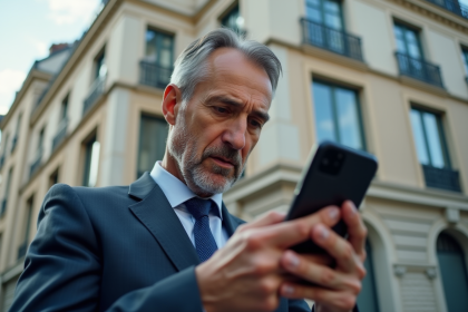 Homme d'affaires en costume lisant les nouvelles financières sur son smartphone devant une banque