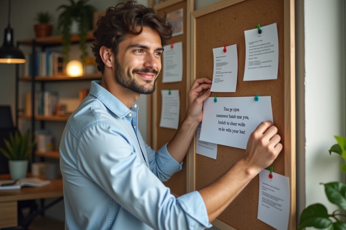 Jeune homme accrochant une citation dans son bureau