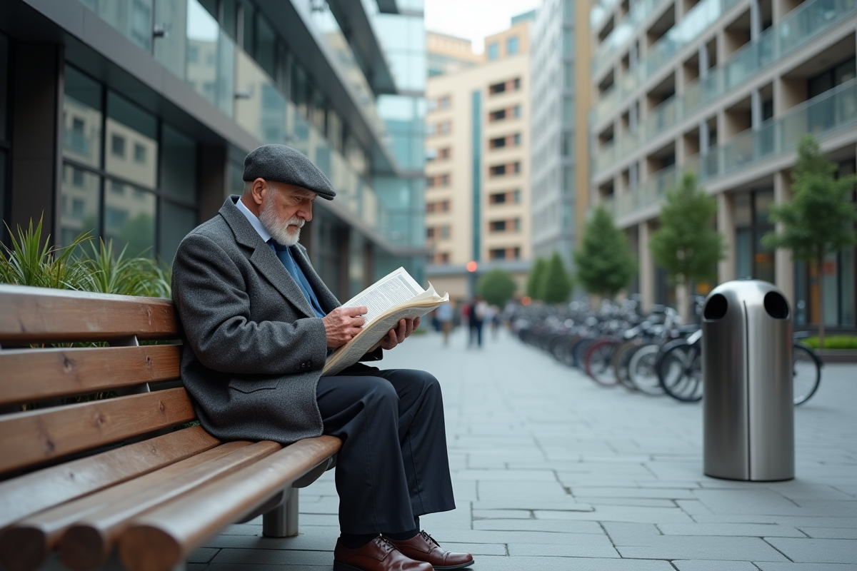 Homme âgé lisant un journal dans un parc urbain