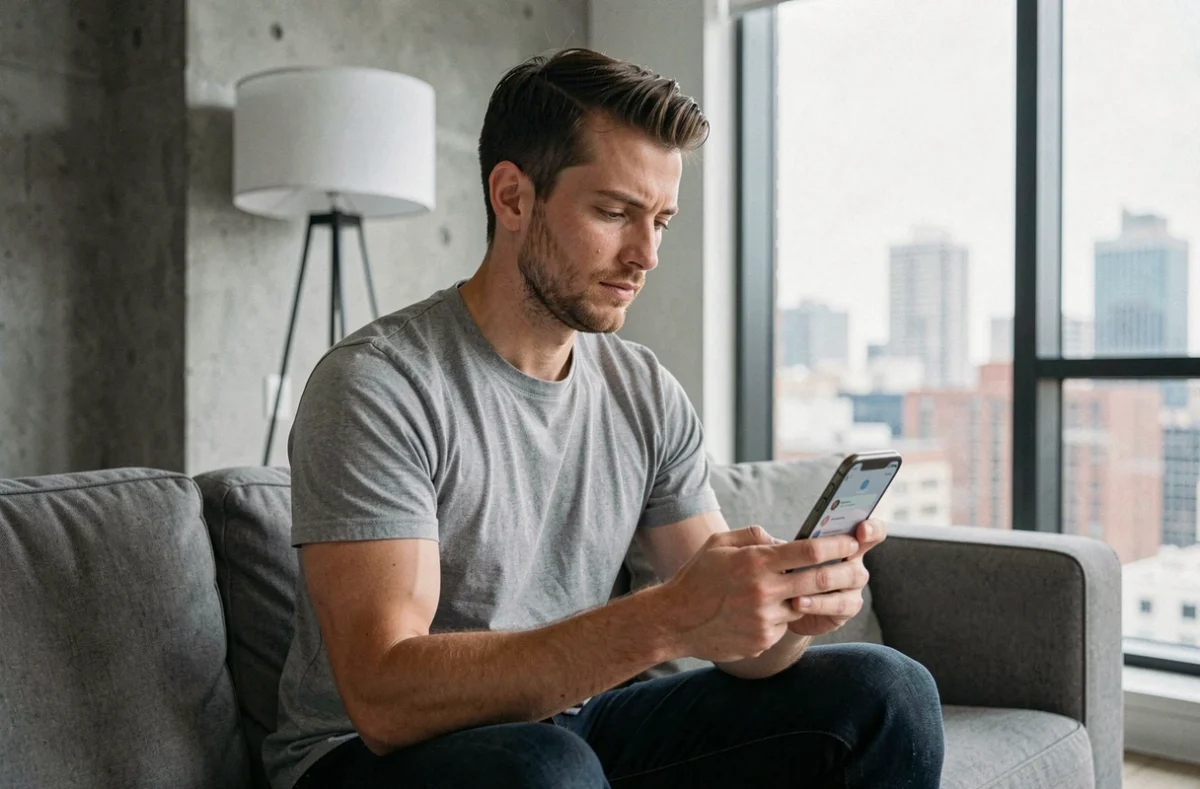 Homme explorant des alternatives gratuites au tchat en ligne sur son smartphone dans un appartement moderne en 2026