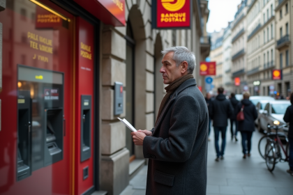 Homme d'âge moyen devant une banque postale en ville
