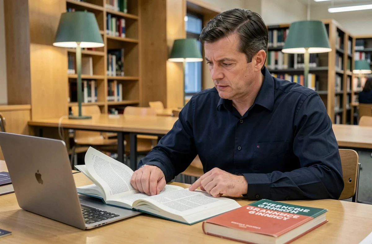 Homme consultant un guide de grammaire française dans une bibliothèque pour vérifier une conjugaison