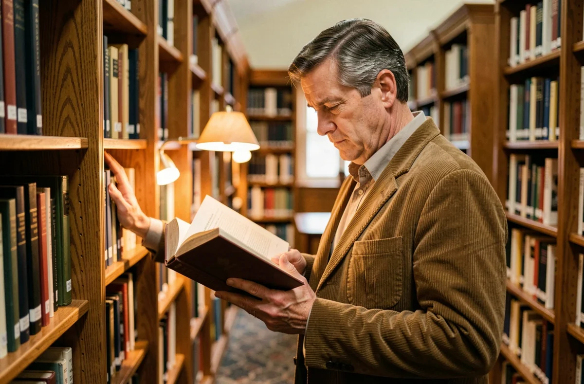 Homme d'âge mûr lisant un livre dans une bibliothèque publique, symbole de la réflexion critique face aux simplifications médiatiques de la cancel culture