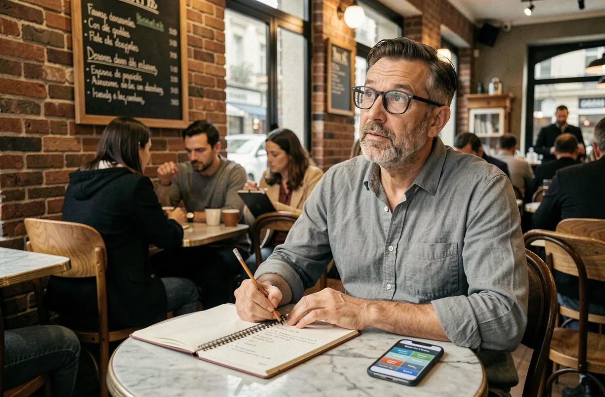 Homme dans un café parisien rédigeant un exercice de grammaire française sur un carnet
