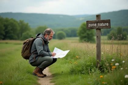 Homme examinant une carte dans un champ naturel verdoyant