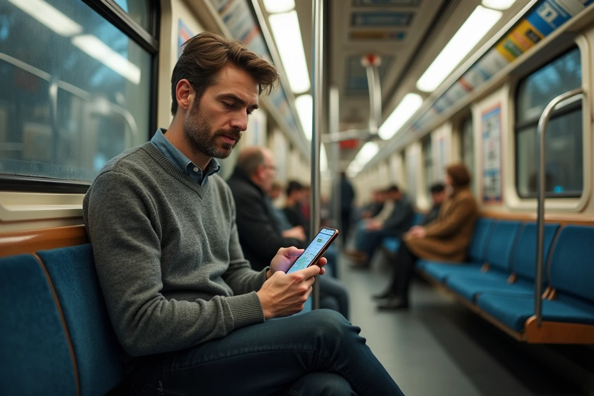 Homme consultant une carte interactive du métro parisien sur smartphone dans un wagon