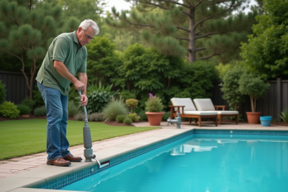 Homme en polo vert connectant une pompe à la piscine