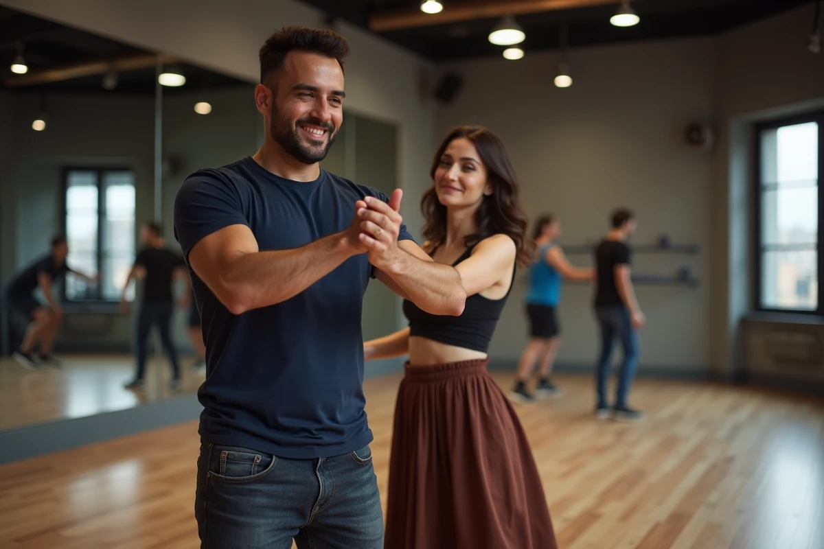 Homme timide apprenant le zouk avec une professeure bienveillante dans une salle de danse communautaire, posture hésitante mais encouragée
