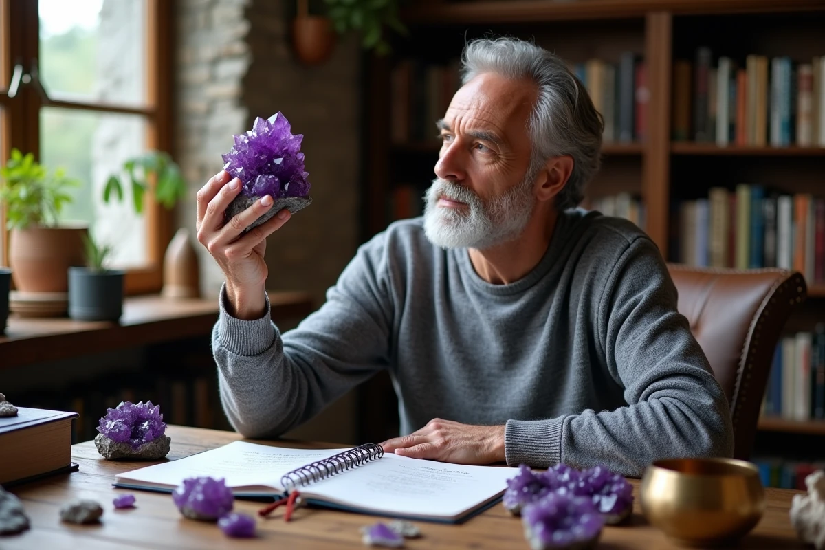 Homme étudiant un cristal d'améthyste et des pierres violettes pour identifier les chakras correspondants