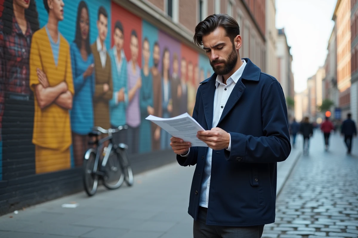 Jeune homme lisant un tract devant une fresque murale urbaine représentant la justice sociale, symbolisant la réflexion critique sur la définition et les valeurs du mouvement woke