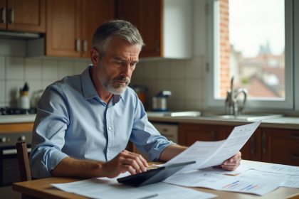 Homme concentré sur ses factures à la maison