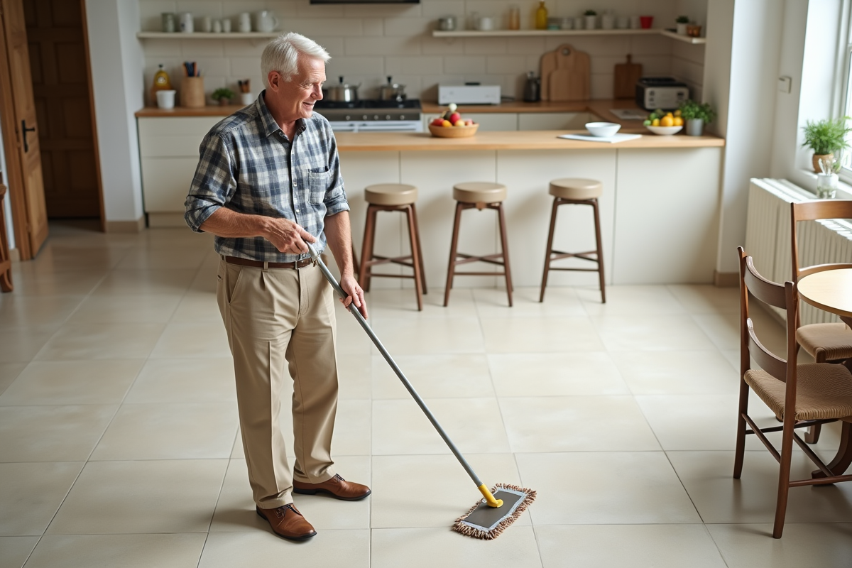 Homme âgé nettoyant des carreaux de cuisine avec une mop