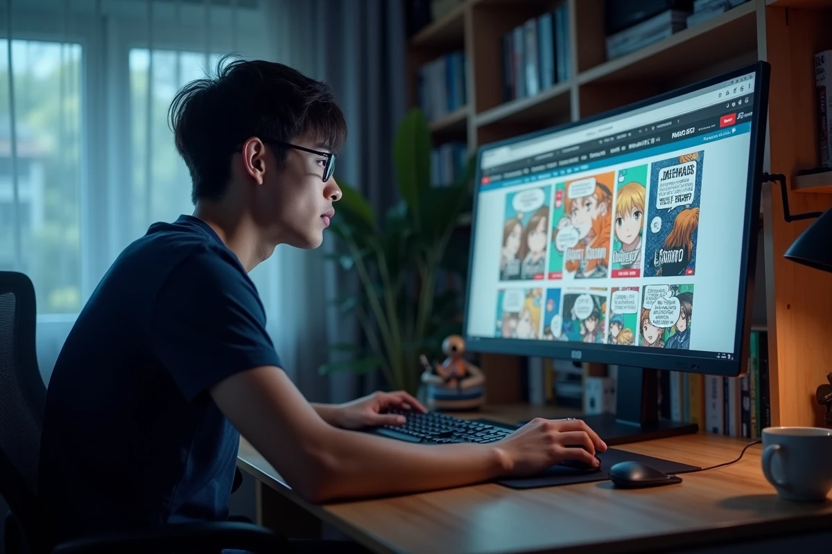 Homme parcourant un site de lecture de manga en ligne sur un écran d'ordinateur dans un bureau à domicile