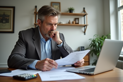 Homme d'âge moyen consulte documents d'impôts à la maison