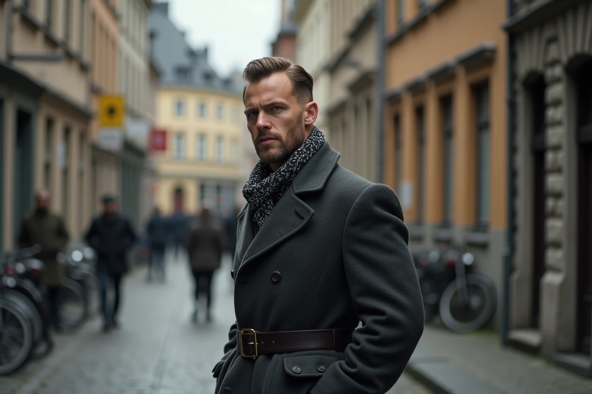 Homme norvegien en manteau vintage dans une rue européenne