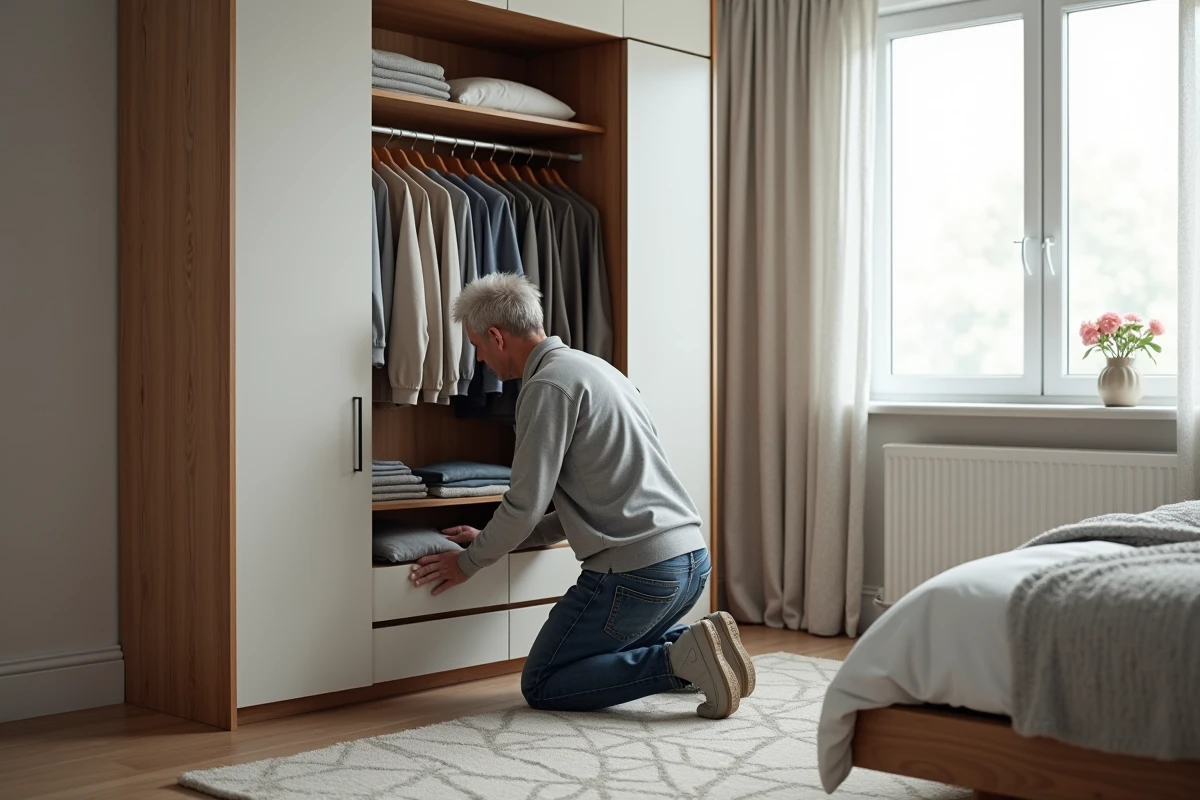 Homme organise des vêtements dans un dressing lumineux