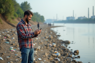 Homme documentant la pollution d'une rivière avec son smartphone