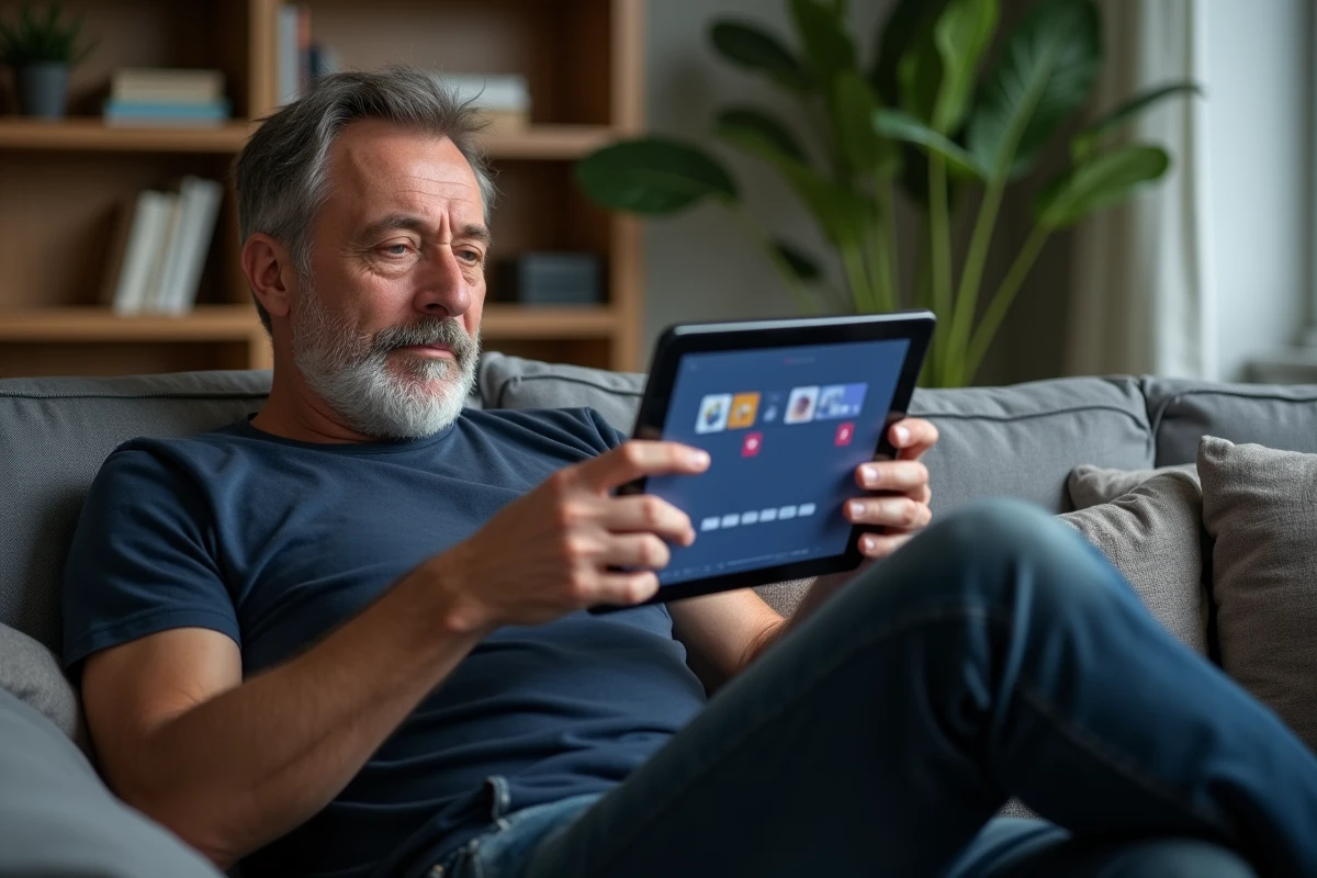 Homme résolvant un puzzle de mots 4 Images 1 Mot sur une tablette dans un salon