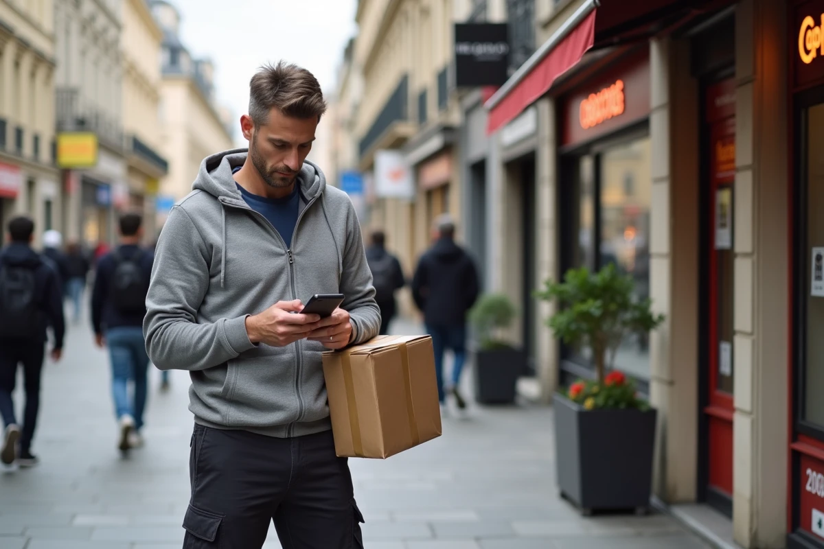 Homme consultant son téléphone pour trouver un point relais Chronopost proche avant de déposer un retour colis