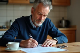 Homme remplissant une grille de LOTO avec un stylo sur une table en bois, ticket de loterie visible en détail