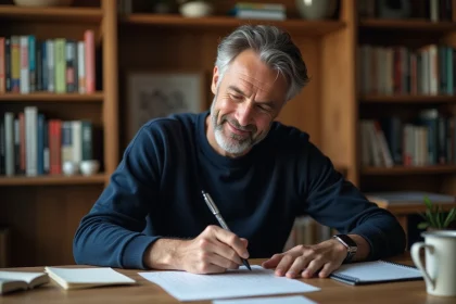 Homme concentré résolvant une grille de sudoku imprimée à son bureau en bois avec une tasse de café