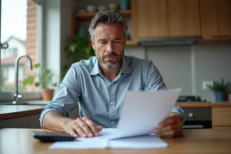 Homme d'âge moyen examine documents de prêt immobilier
