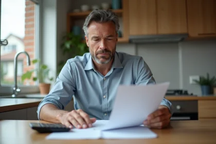 Homme d'&acirc;ge moyen examine documents de pr&ecirc;t immobilier