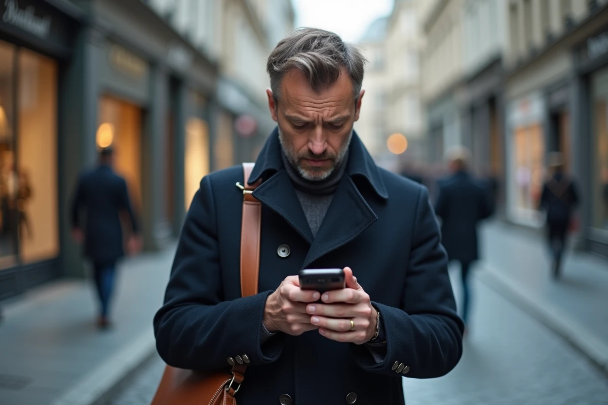 Homme dans la rue vérifiant un appel manqué d'un numéro inconnu sur son téléphone portable