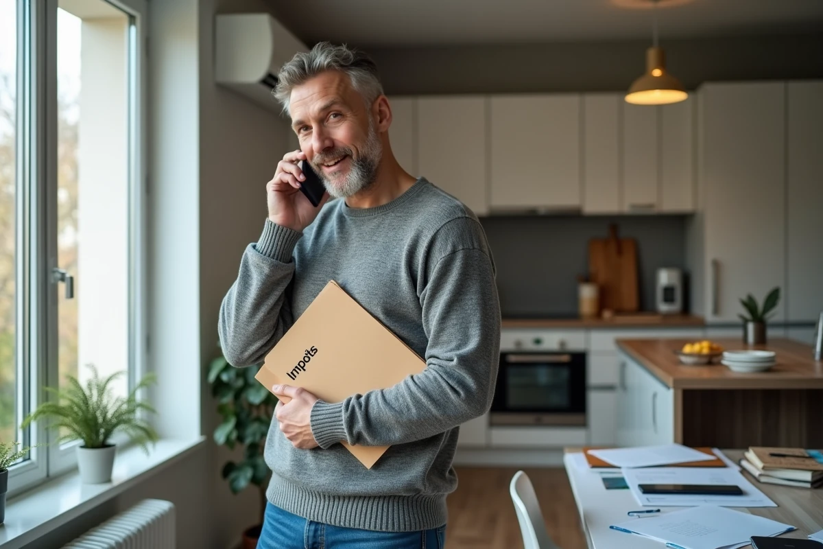 Homme parlant au telephone avec dossier impots dans un appartement