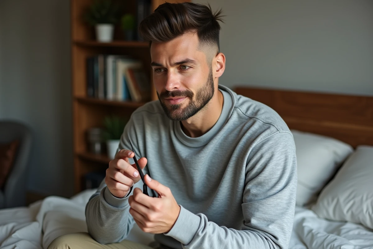 Homme se coupant les cheveux dans une chambre chaleureuse